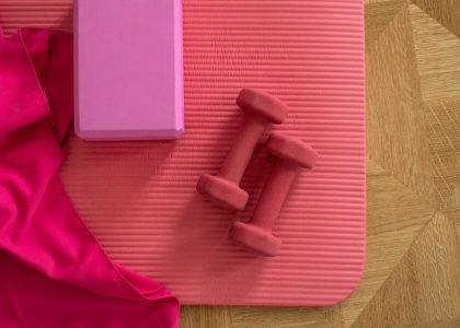 pink exercise mat with weights